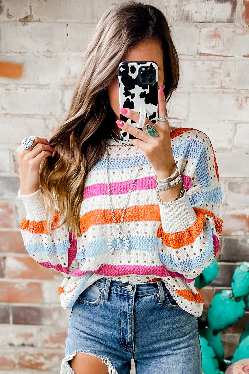Shallow Khaki Striped Hollowed Knitted Loose Sweater