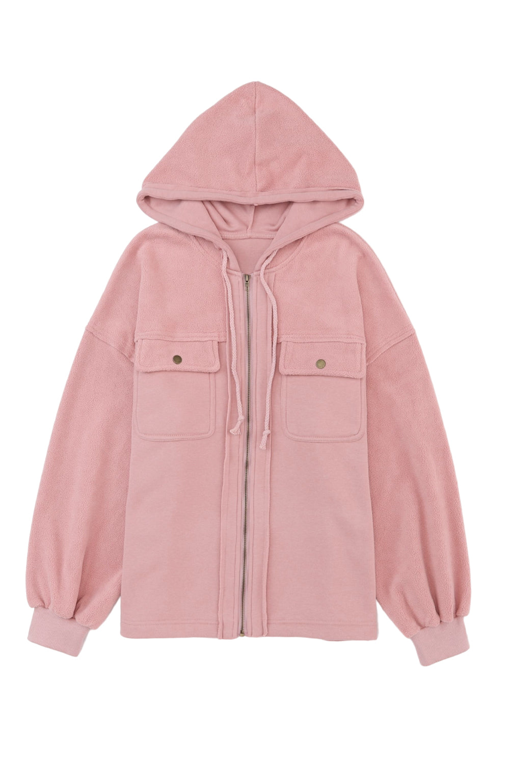 Black Flap Pocket Drawstring Hood Zip Up Jacket