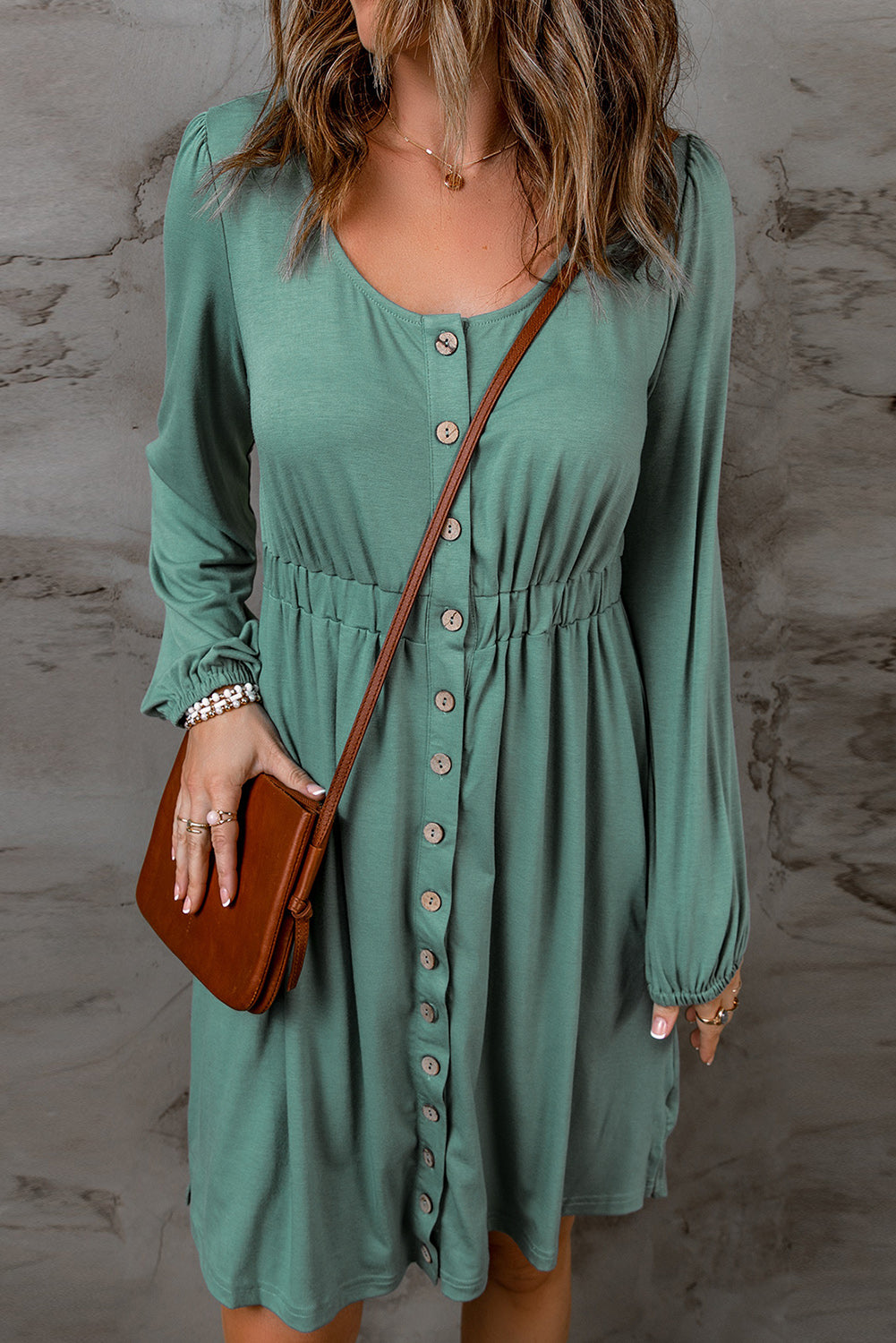 Black Button Up High Waist Long Sleeve Dress