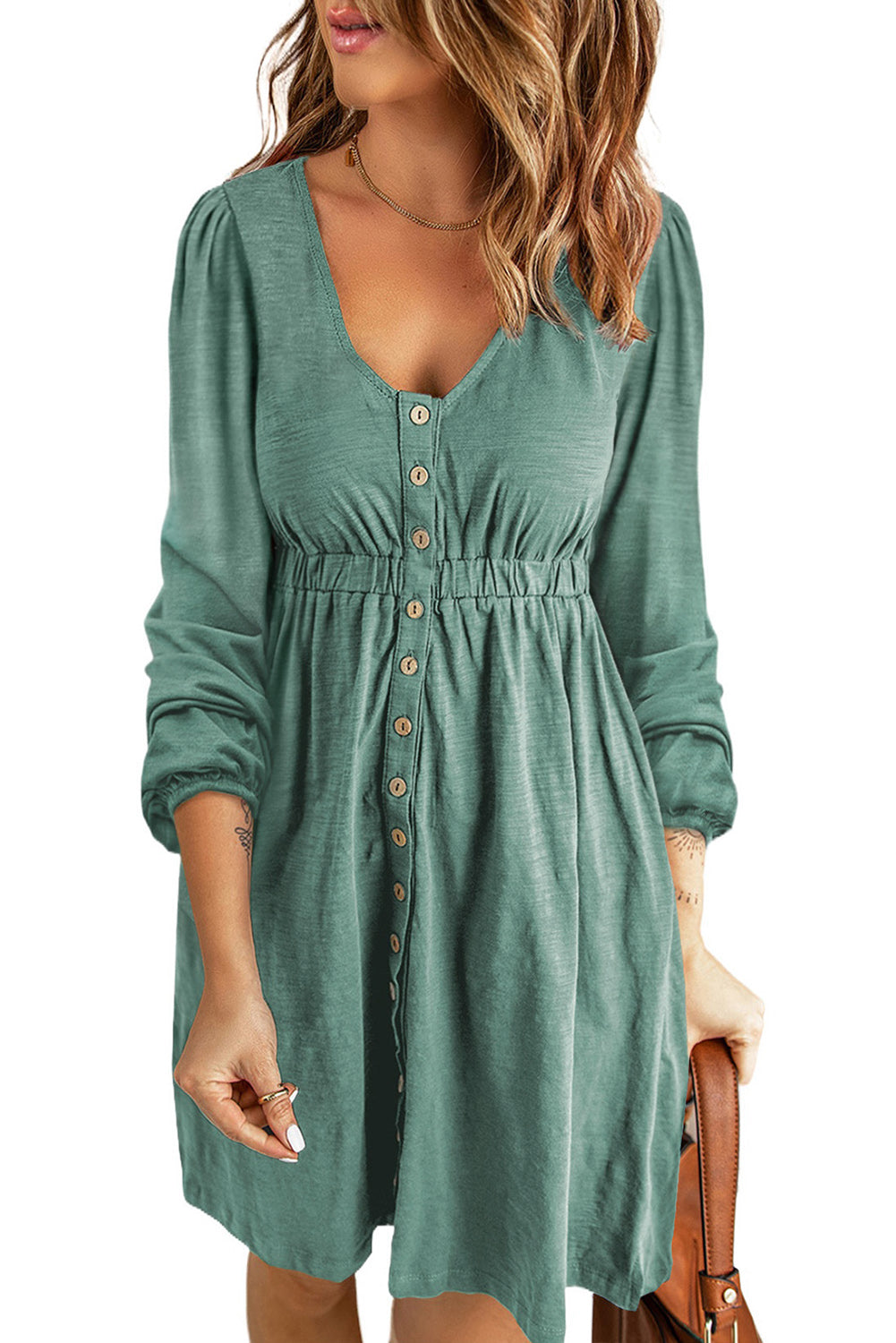 Black Button Up High Waist Long Sleeve Dress