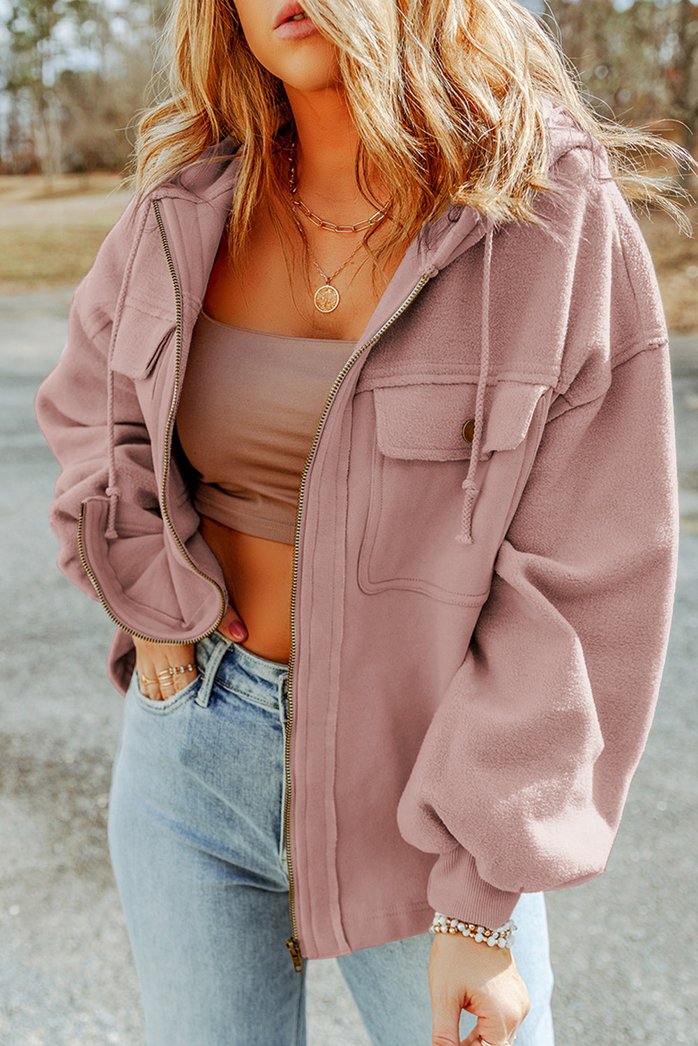 Black Flap Pocket Drawstring Hood Zip Up Jacket