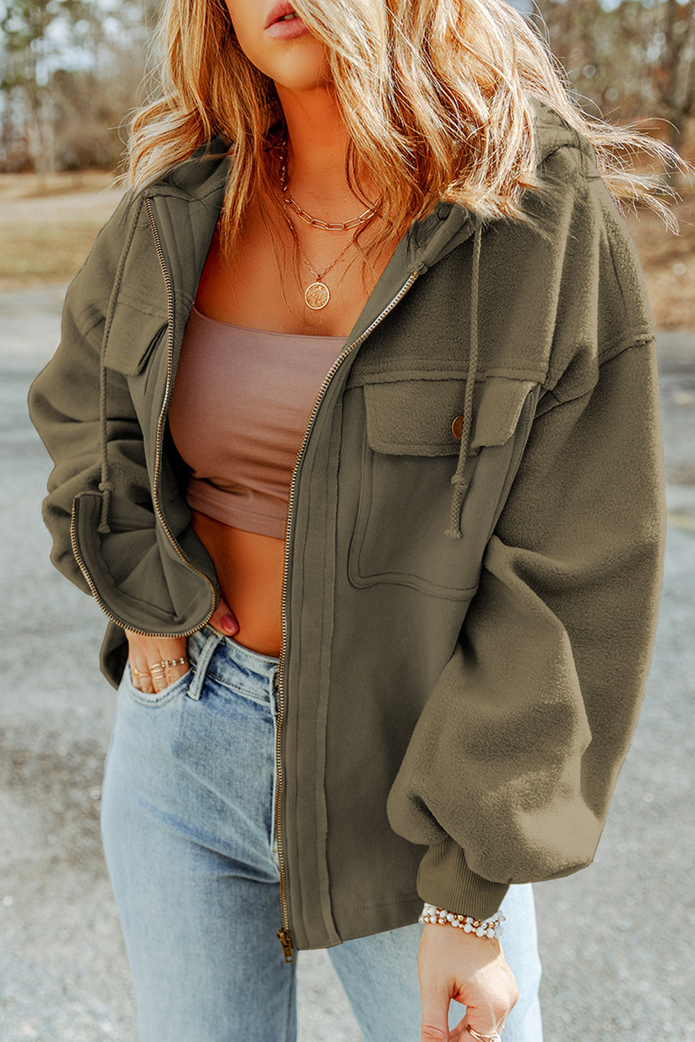 Black Flap Pocket Drawstring Hood Zip Up Jacket