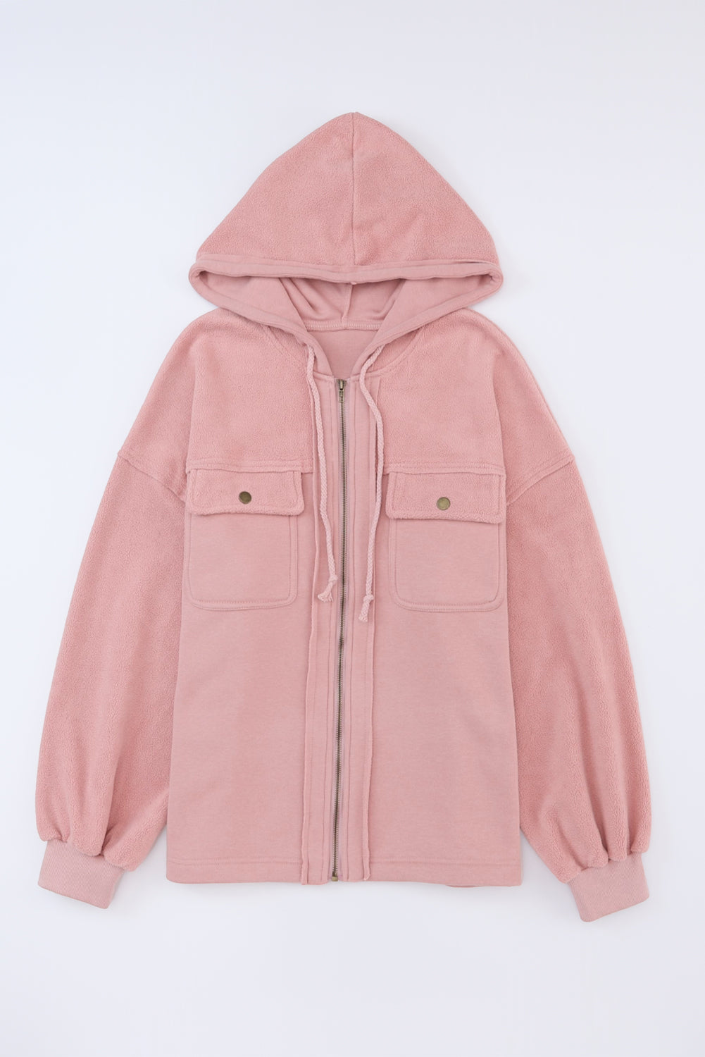 Black Flap Pocket Drawstring Hood Zip Up Jacket