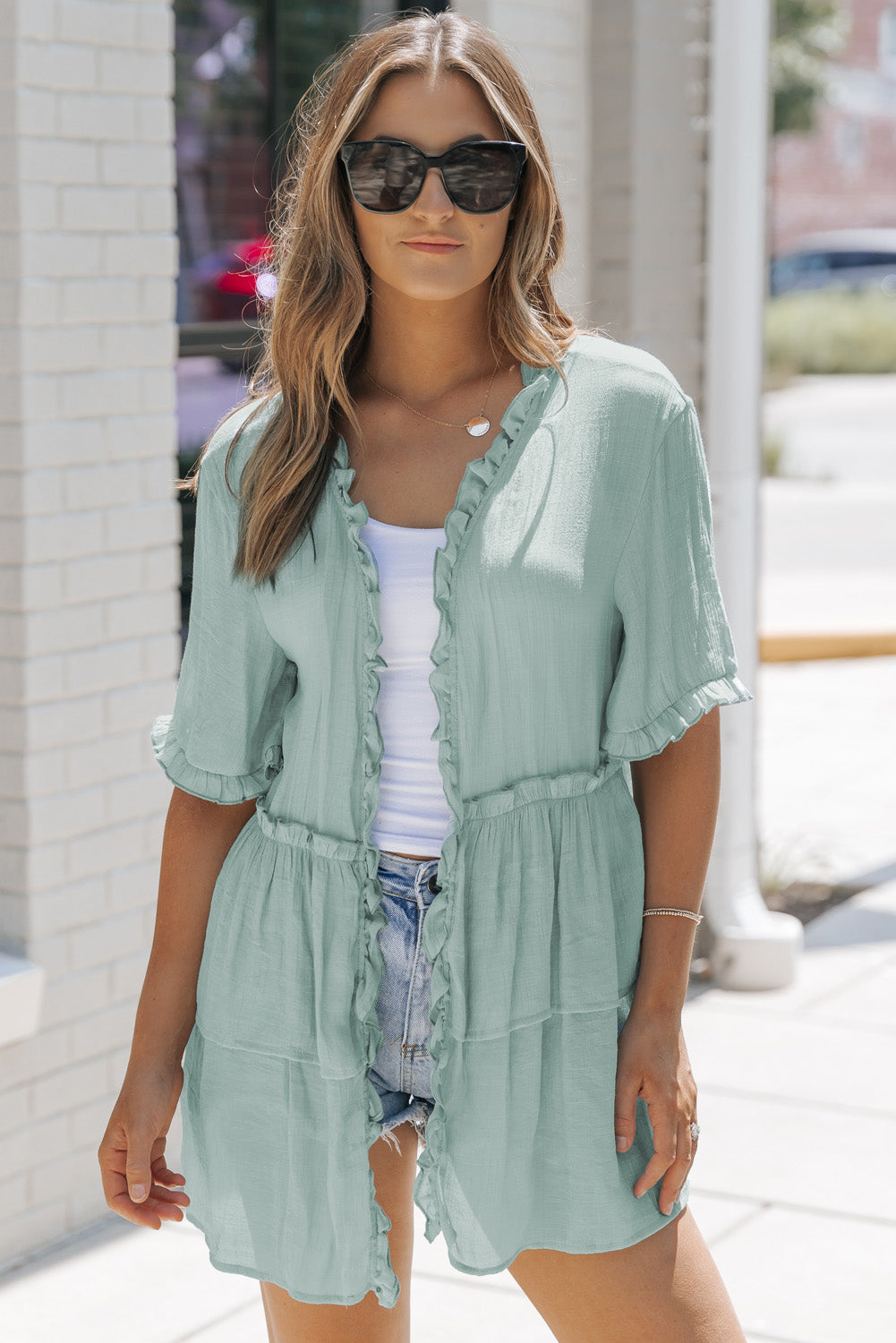 Gray Ruffled Trim Half Sleeve Open Front Kimono