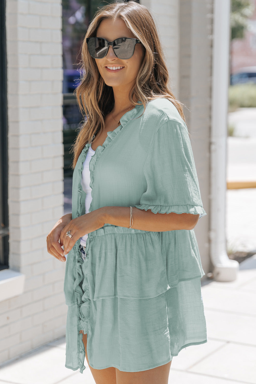 Gray Ruffled Trim Half Sleeve Open Front Kimono