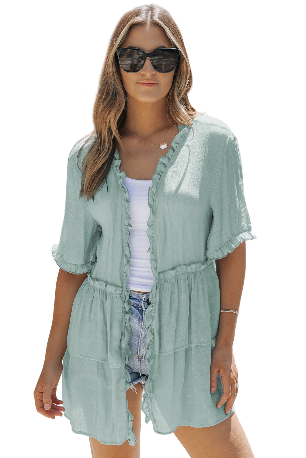 Gray Ruffled Trim Half Sleeve Open Front Kimono