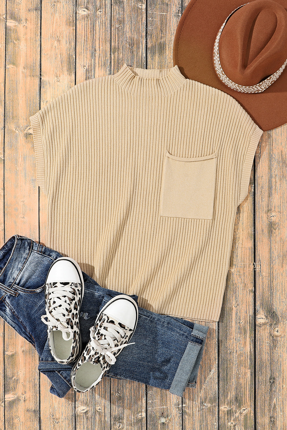 Mineral Red Patch Pocket Ribbed Knit Short Sleeve Sweater