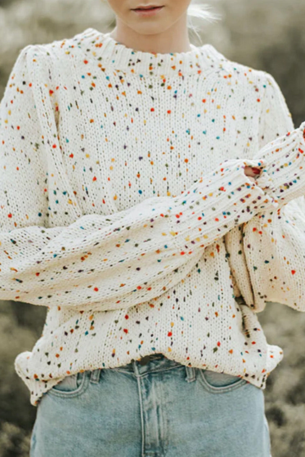 Light French Beige Colorful Dots Cable Knit Crew Neck Sweater