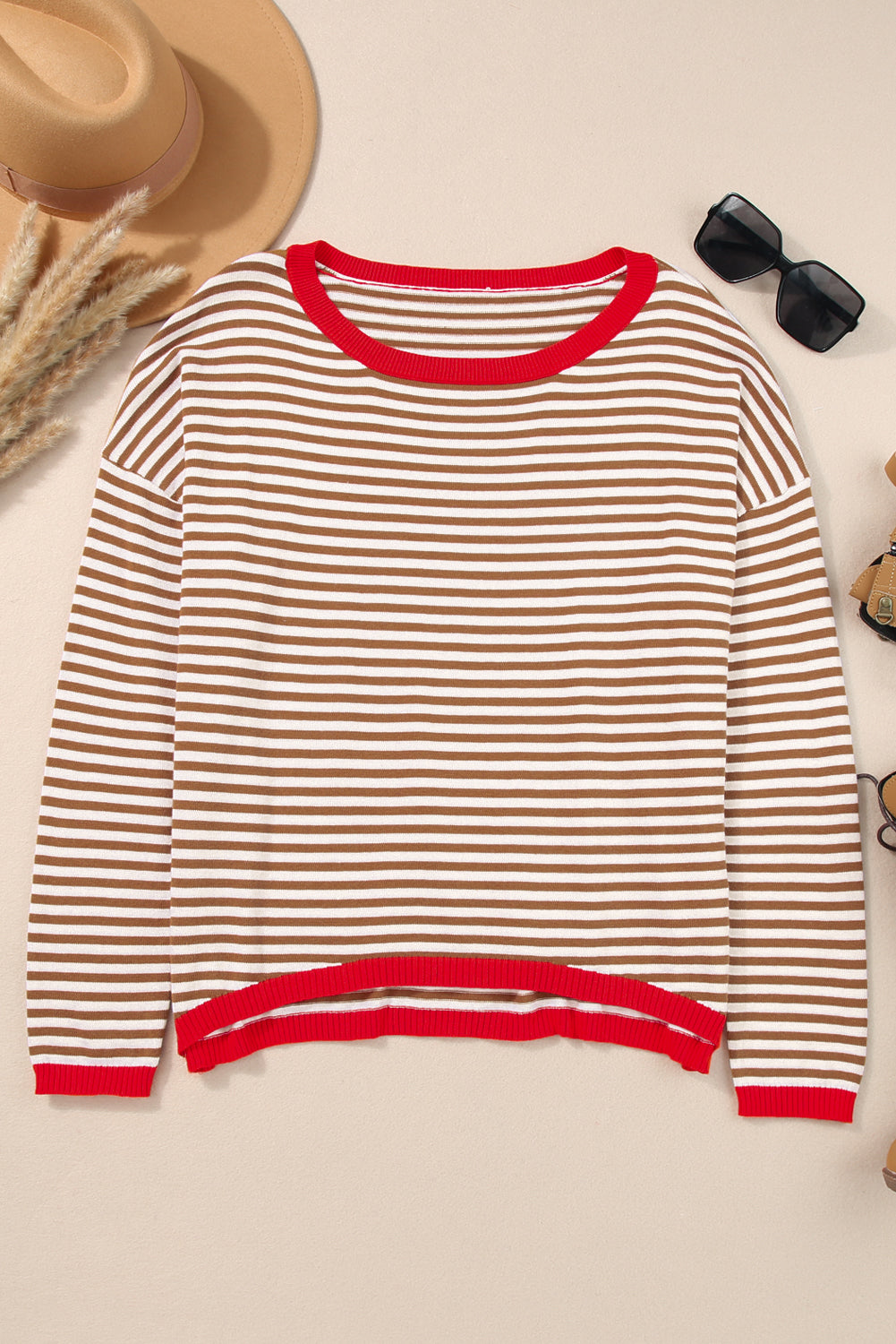 Pink Contrast Trimmed Striped Drop Shoulder Sweater