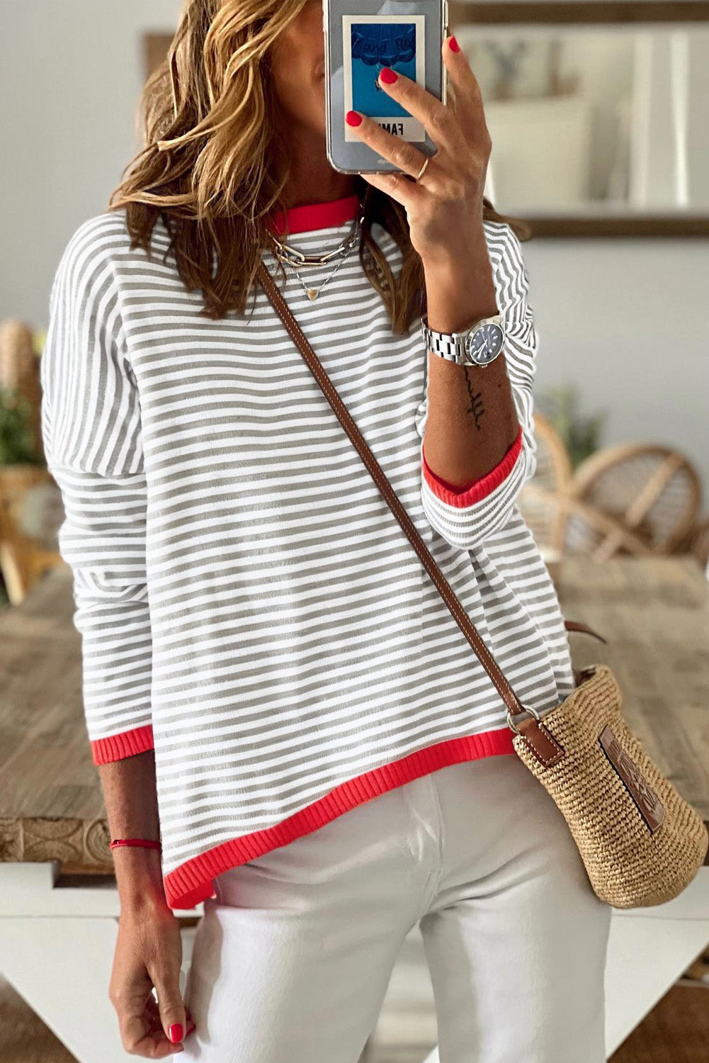 Pink Contrast Trimmed Striped Drop Shoulder Sweater