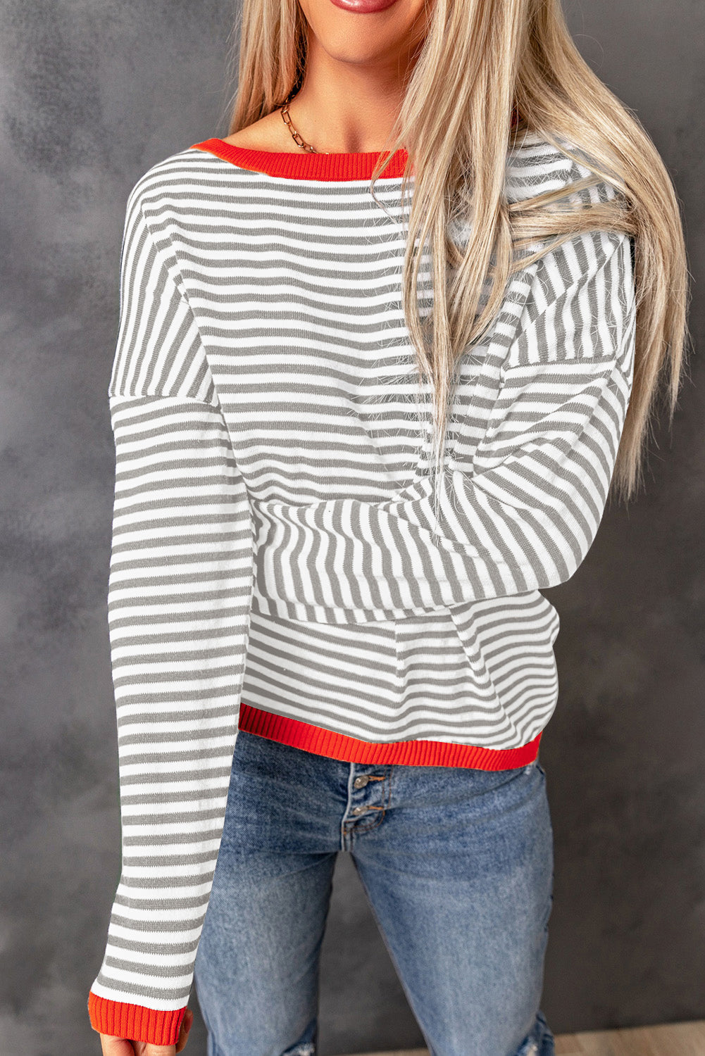 Pink Contrast Trimmed Striped Drop Shoulder Sweater