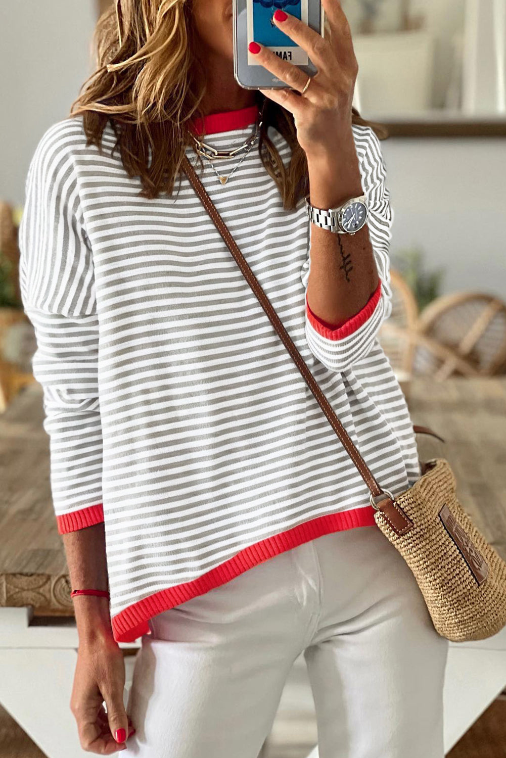 Pink Contrast Trimmed Striped Drop Shoulder Sweater