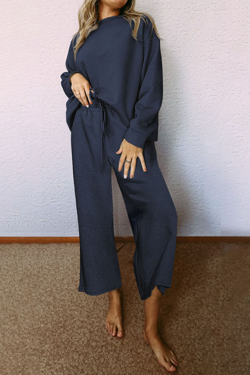 Navy Blue Textured Loose Fit T Shirt and Drawstring Pants Set