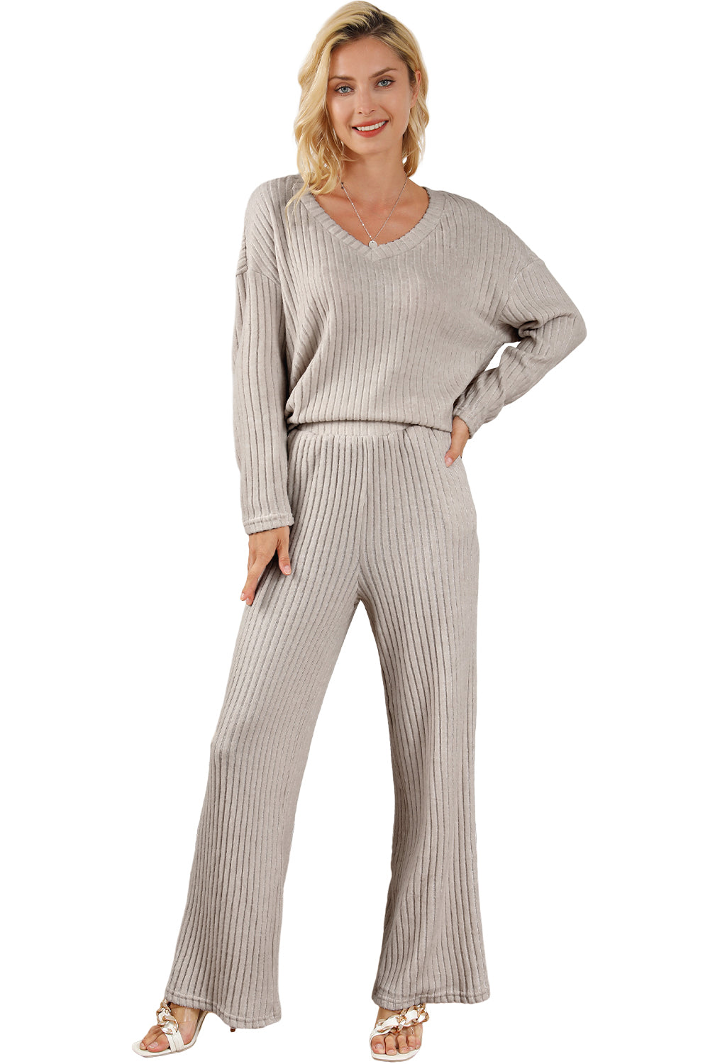 Gray Ribbed Knit Slouchy Hoodie Wide Leg Pants Set