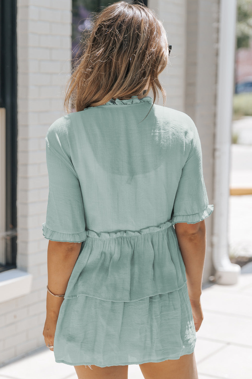 Gray Ruffled Trim Half Sleeve Open Front Kimono