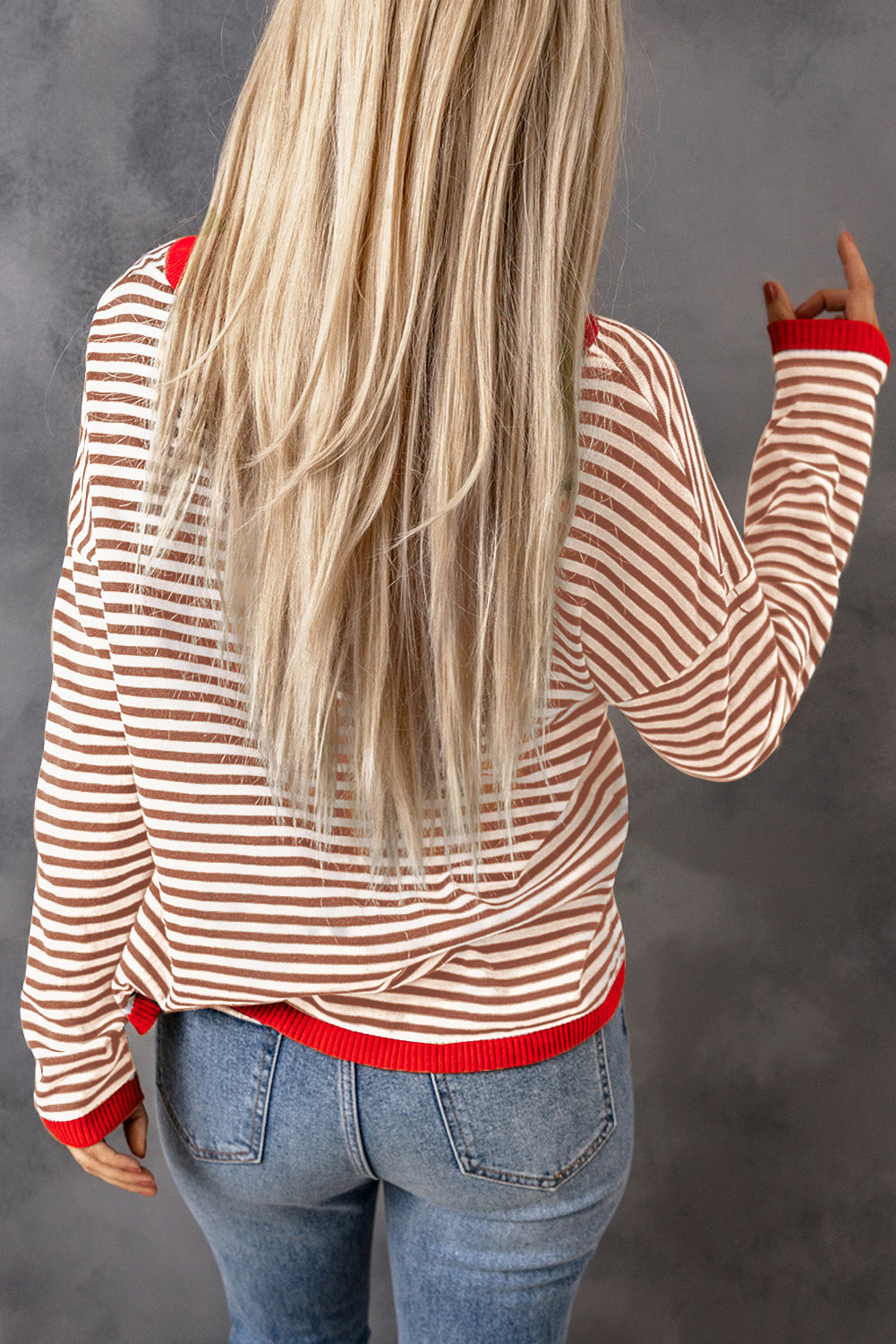Pink Contrast Trimmed Striped Drop Shoulder Sweater