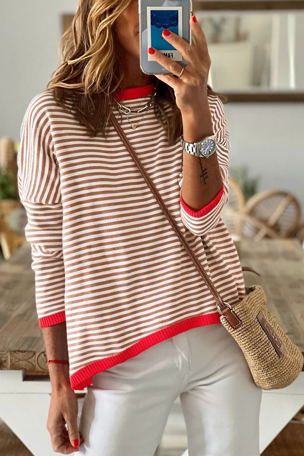 Pink Contrast Trimmed Striped Drop Shoulder Sweater