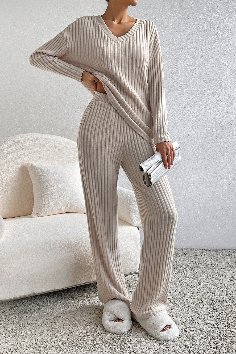 Gray Ribbed Knit Slouchy Hoodie Wide Leg Pants Set