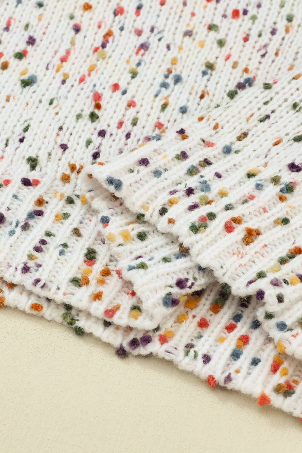 Light French Beige Colorful Dots Cable Knit Crew Neck Sweater