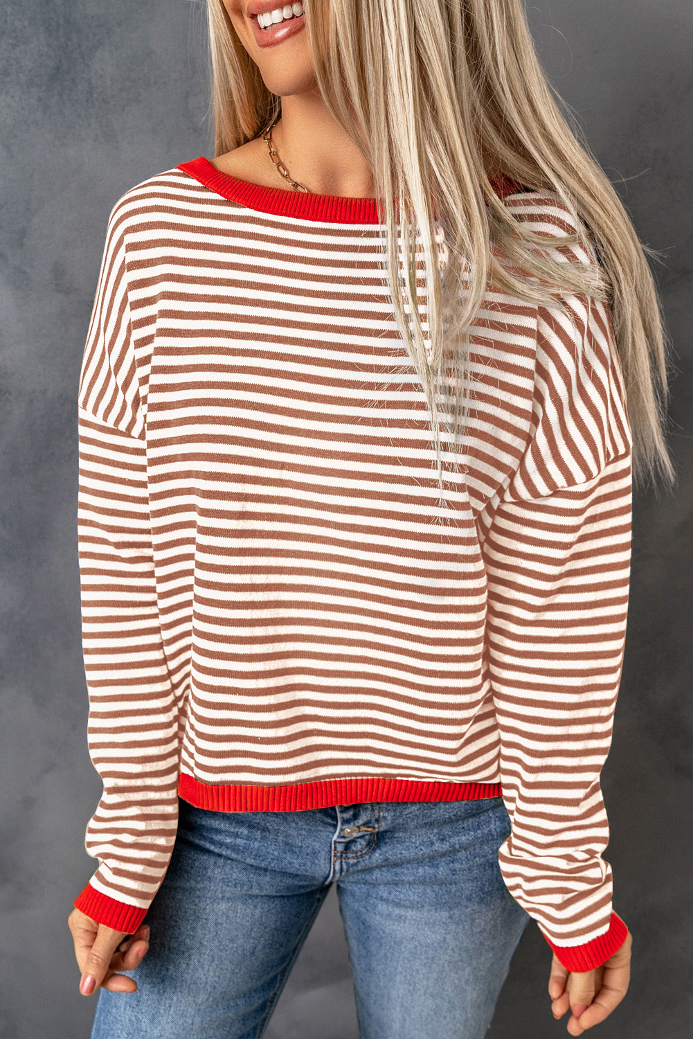 Pink Contrast Trimmed Striped Drop Shoulder Sweater