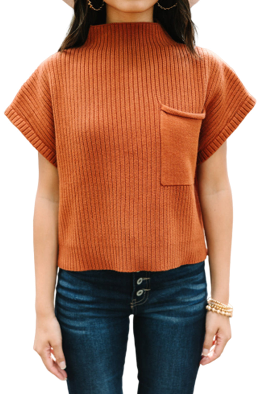 Mineral Red Patch Pocket Ribbed Knit Short Sleeve Sweater