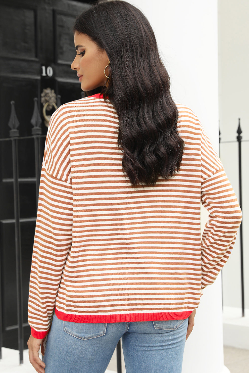 Pink Contrast Trimmed Striped Drop Shoulder Sweater