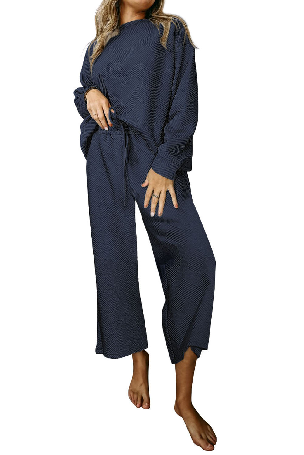 Navy Blue Textured Loose Fit T Shirt and Drawstring Pants Set