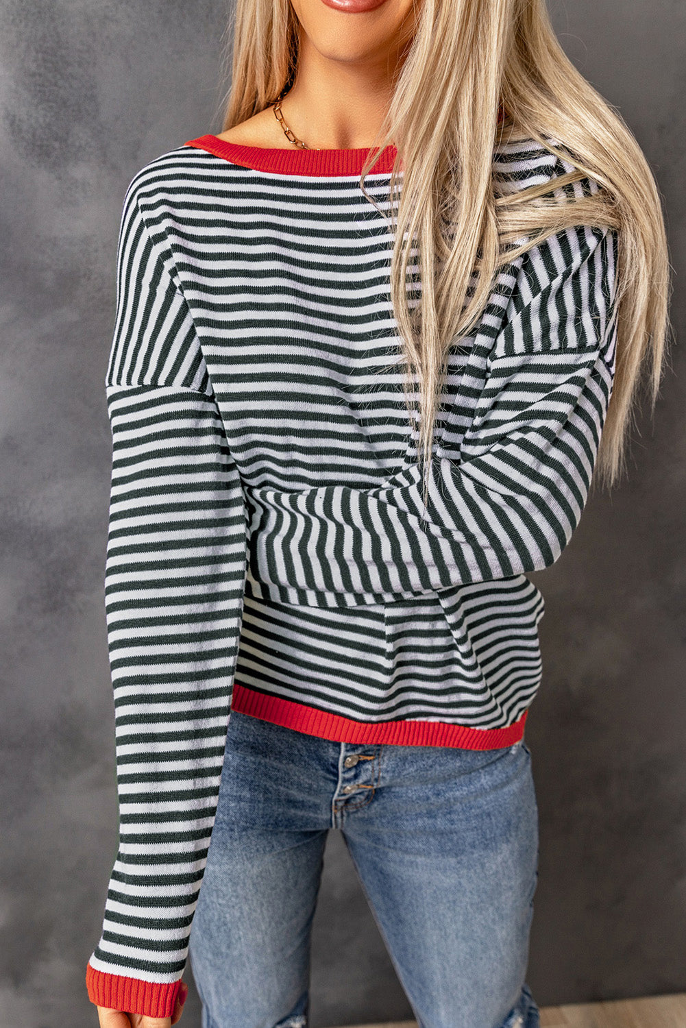 Pink Contrast Trimmed Striped Drop Shoulder Sweater
