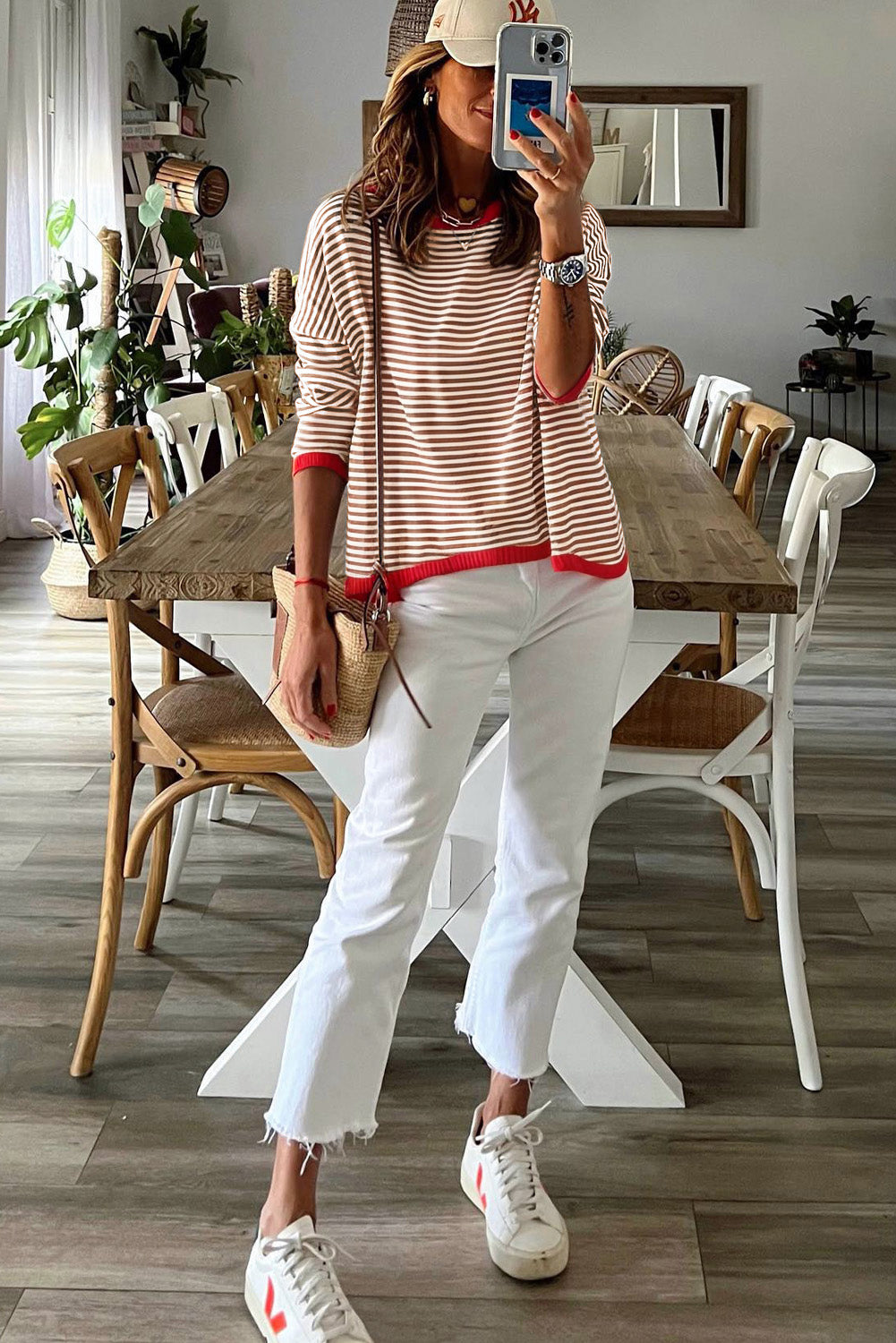 Pink Contrast Trimmed Striped Drop Shoulder Sweater