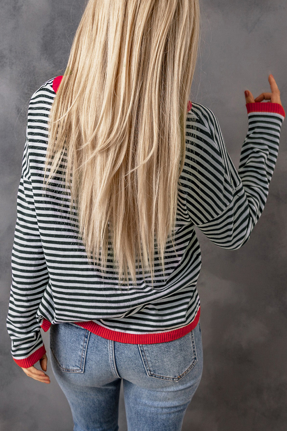 Pink Contrast Trimmed Striped Drop Shoulder Sweater