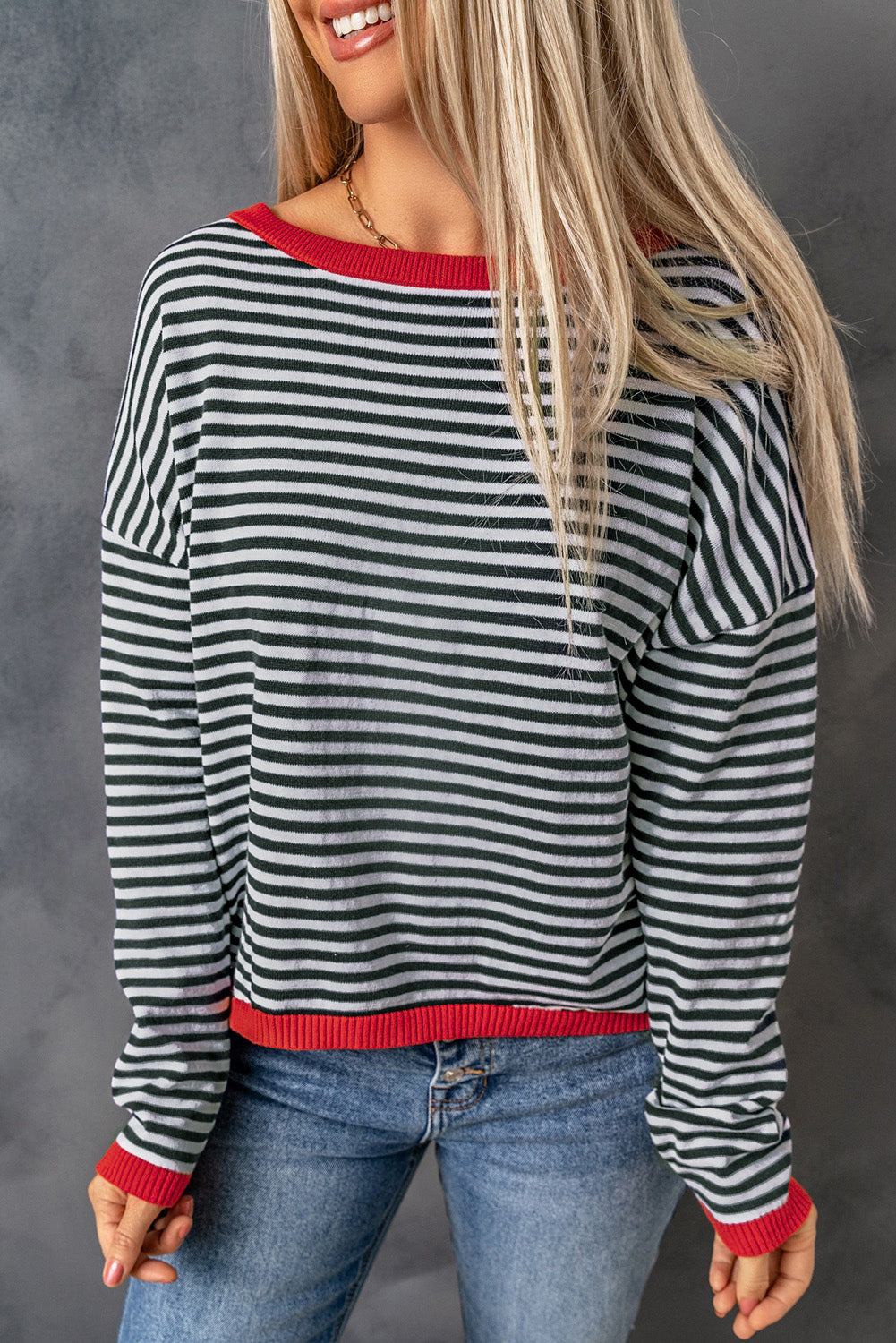 Pink Contrast Trimmed Striped Drop Shoulder Sweater