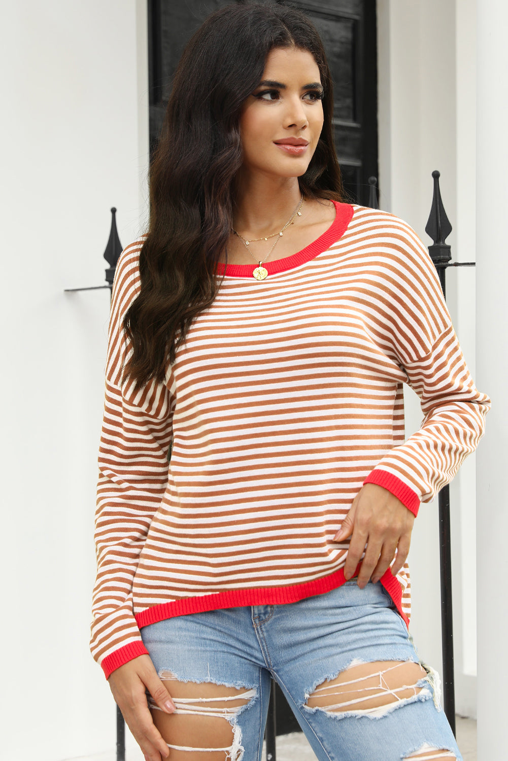 Pink Contrast Trimmed Striped Drop Shoulder Sweater